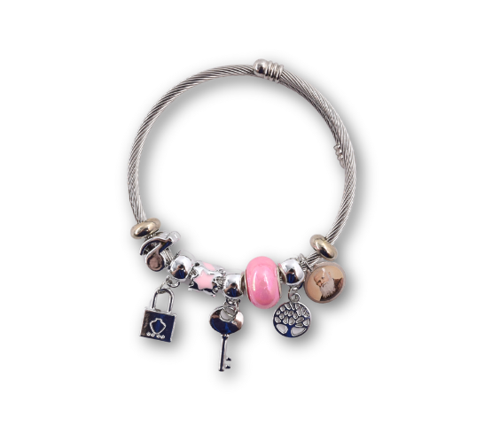 PULSERA ACERO ABALORIOS ROSA